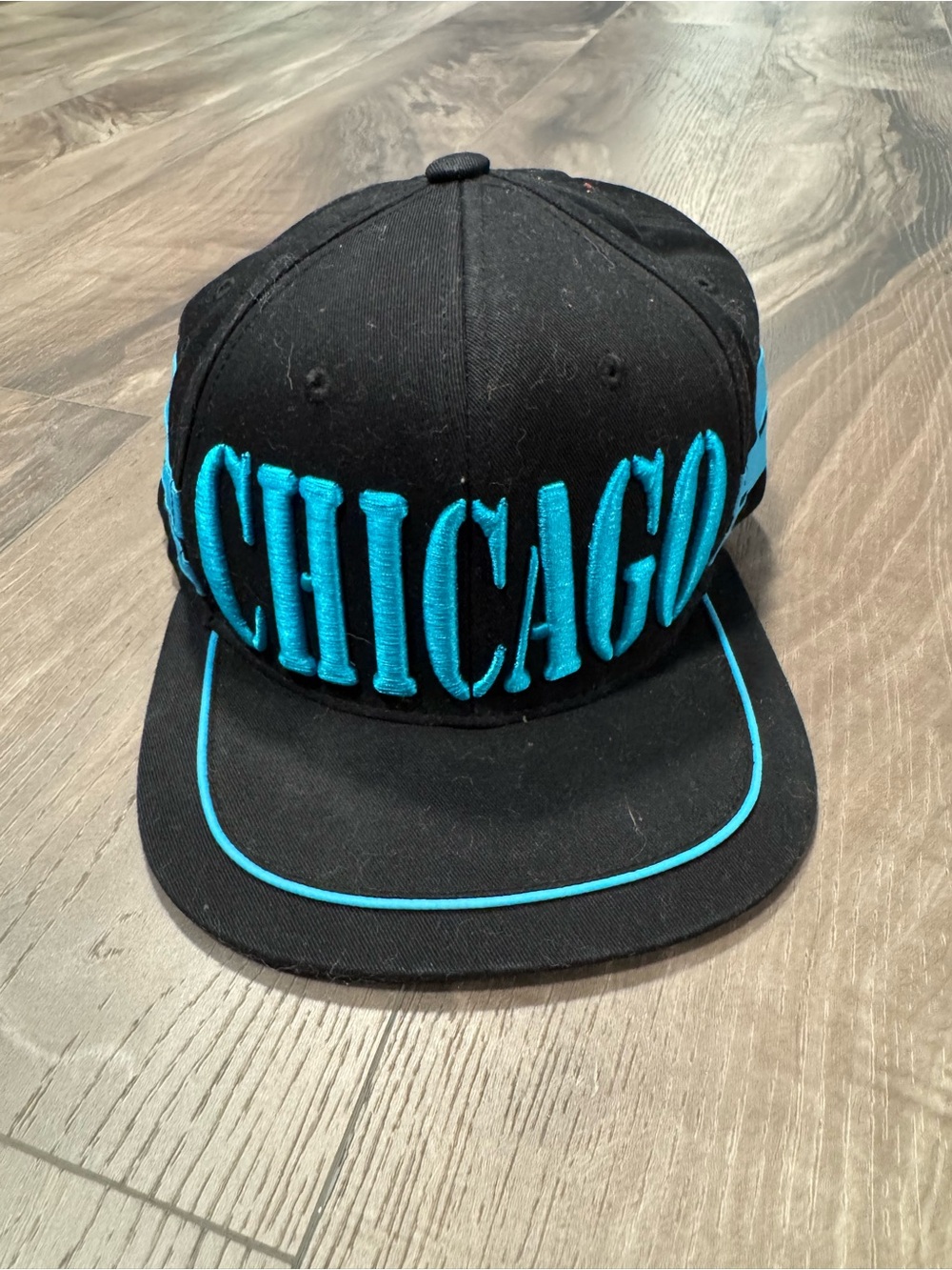 Black Snapback Hat with Bold Teal "CHICAGO" Embroidery